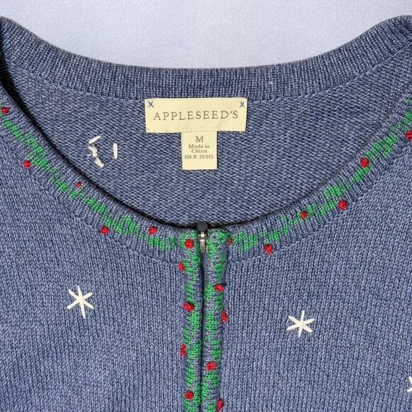 Appleseed’s Vintage Holiday Cardigan Size M Zip Up Embroidered Christmas Sweater - Picture 3 of 8